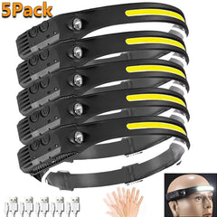 USB Rechargeable LED Sensor Headlamp - 1 to 5 Pack, Waterproof XPE+COB Torch for Camping & Fishing