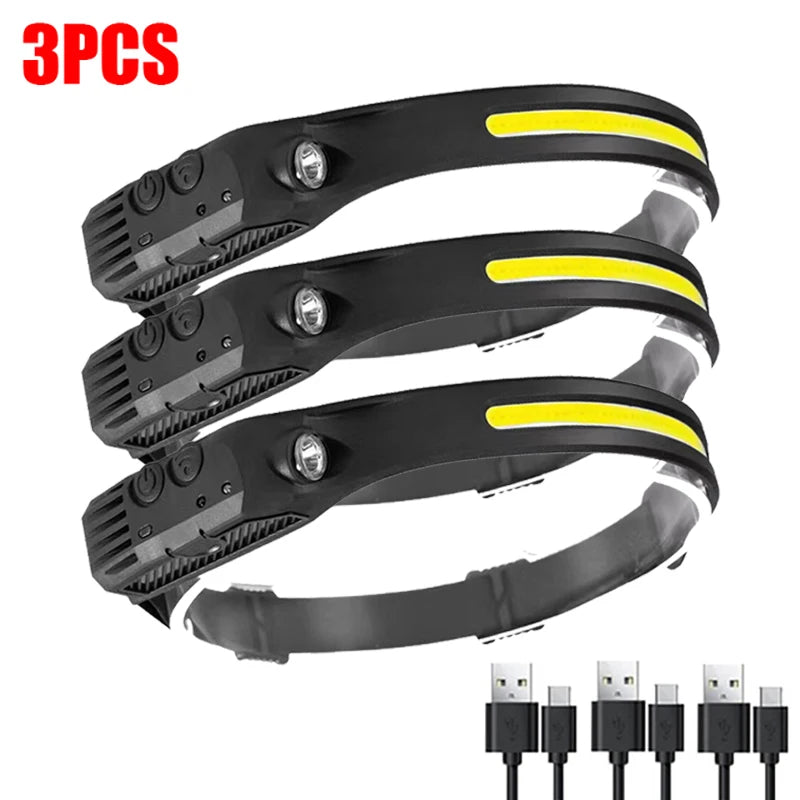 USB Rechargeable LED Sensor Headlamp - 1 to 5 Pack, Waterproof XPE+COB Torch for Camping & Fishing