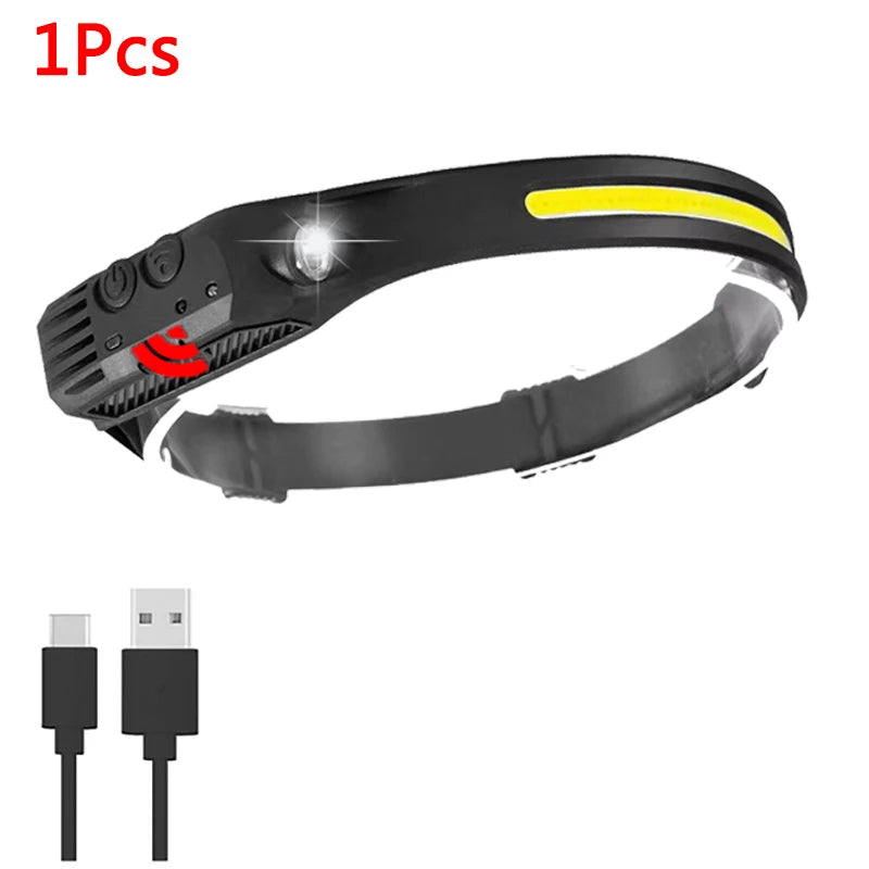 USB Rechargeable LED Sensor Headlamp - 1 to 5 Pack, Waterproof XPE+COB Torch for Camping & Fishing