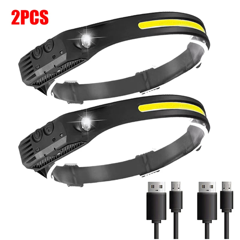 USB Rechargeable LED Sensor Headlamp - 1 to 5 Pack, Waterproof XPE+COB Torch for Camping & Fishing