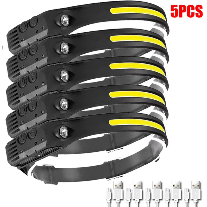 USB Rechargeable LED Sensor Headlamp - 1 to 5 Pack, Waterproof XPE+COB Torch for Camping & Fishing
